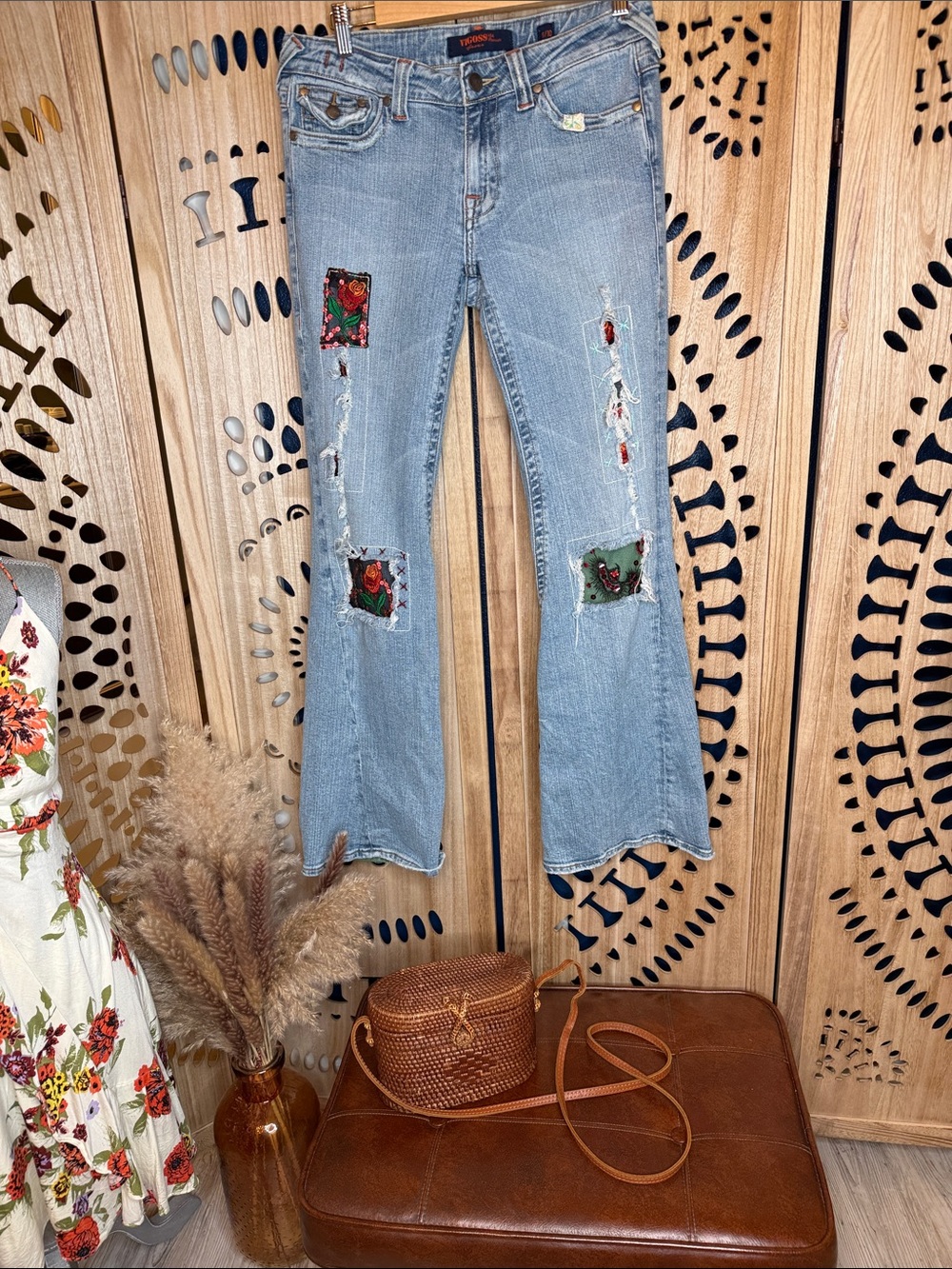 Vigoss Light Blue Boot Cut Jeans with Floral Patchwork
